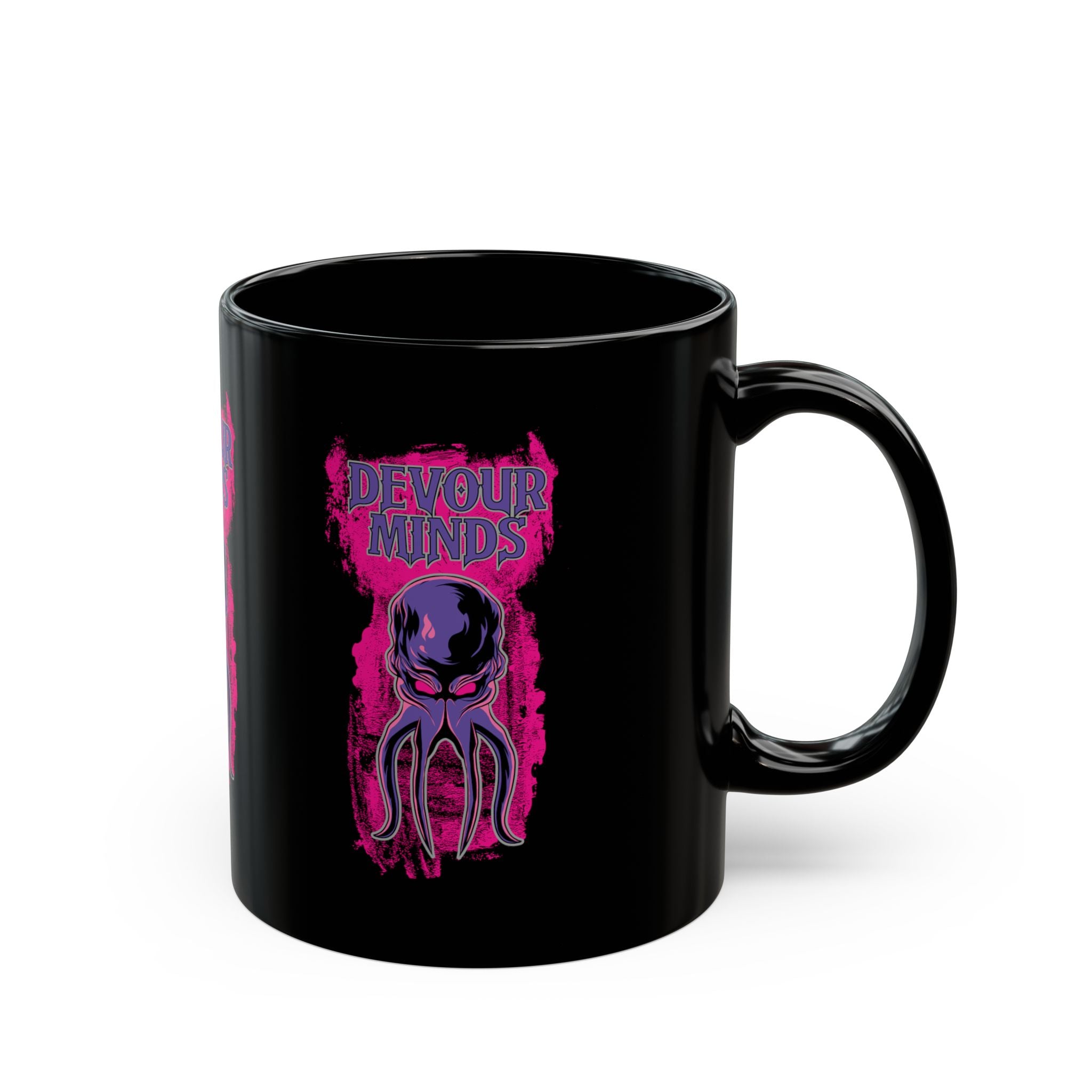 Devour Minds Black Mug — Neon Cthulhu Octopus Horror Coffee Cup (11oz/15oz)