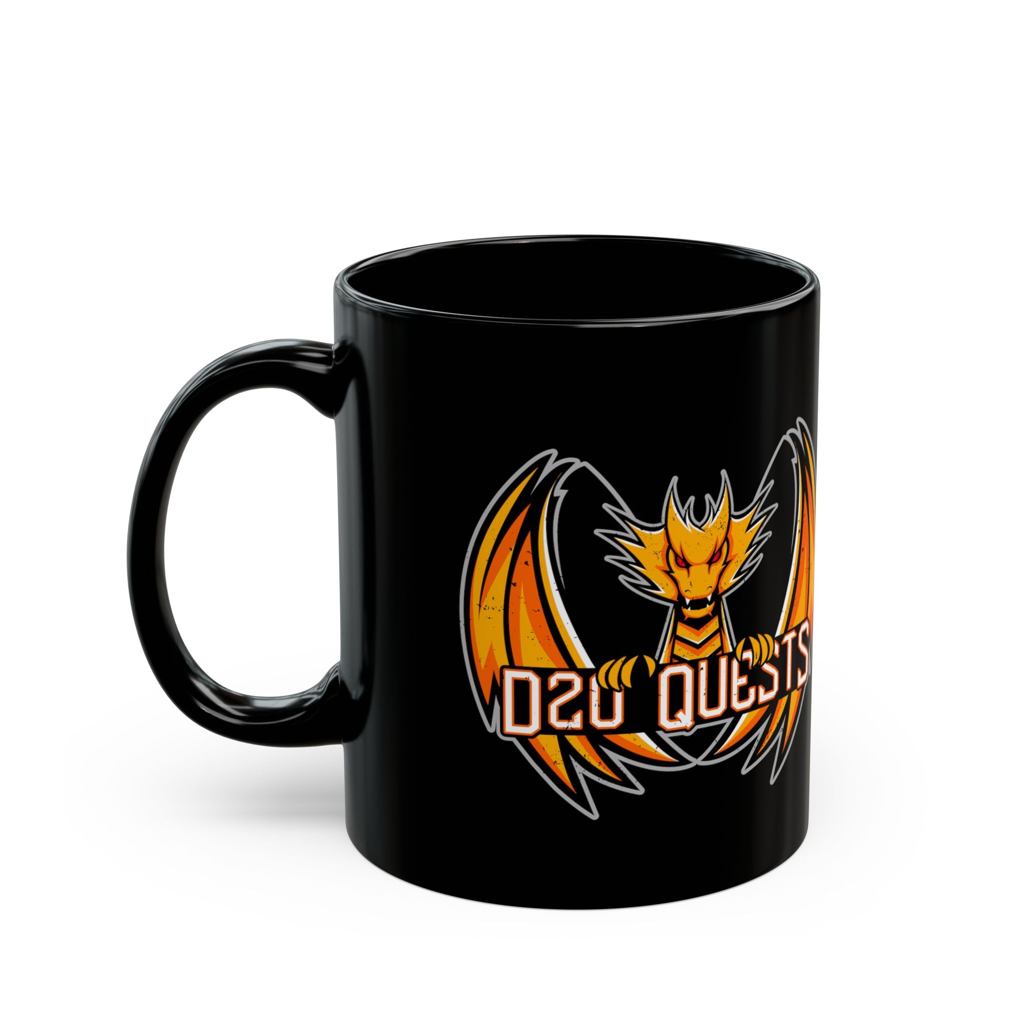 Dragon Logo Coffee Mug — 'D20 QUESTS' Black Ceramic Mug (11oz & 15oz)