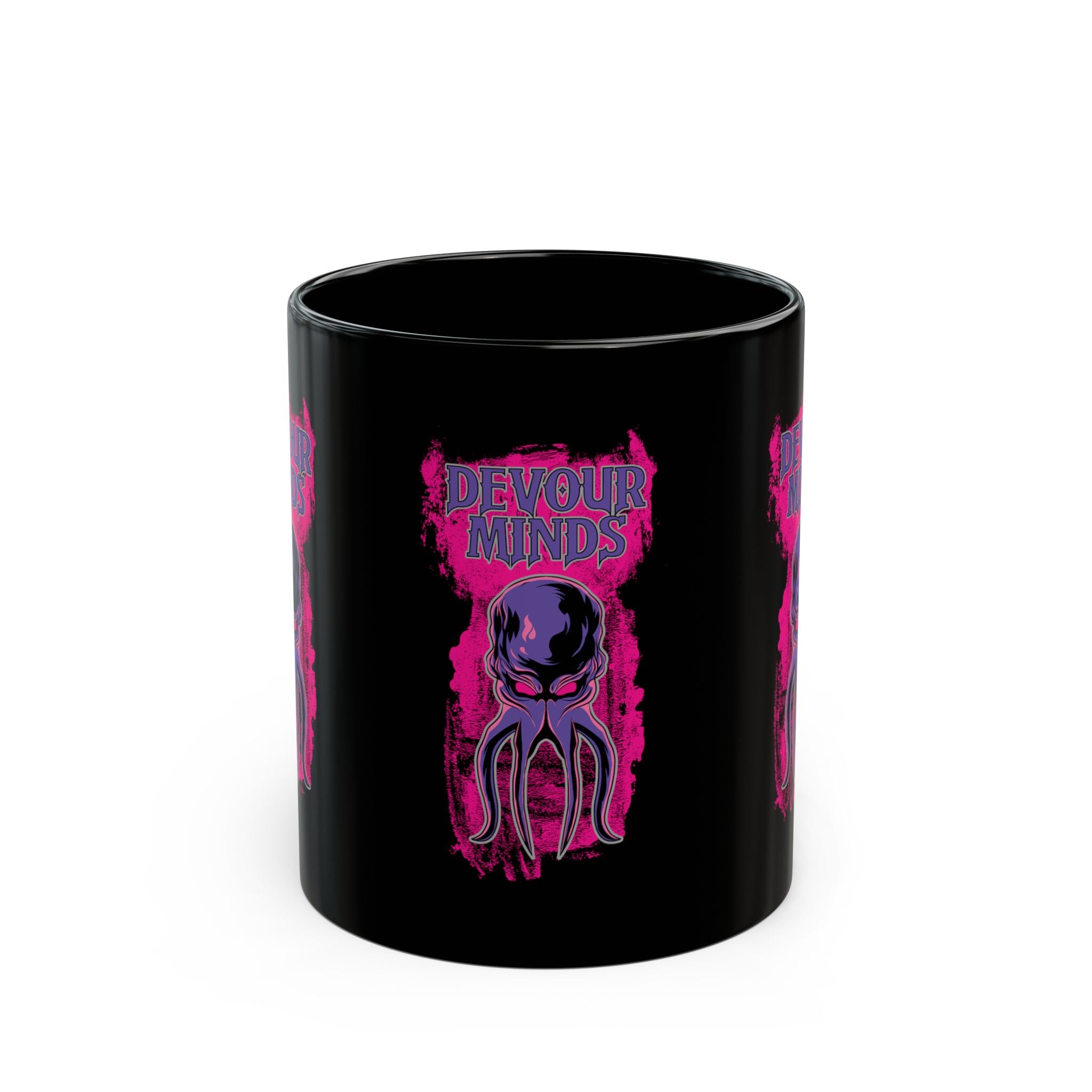 Devour Minds Black Mug — Neon Cthulhu Octopus Horror Coffee Cup (11oz/15oz)