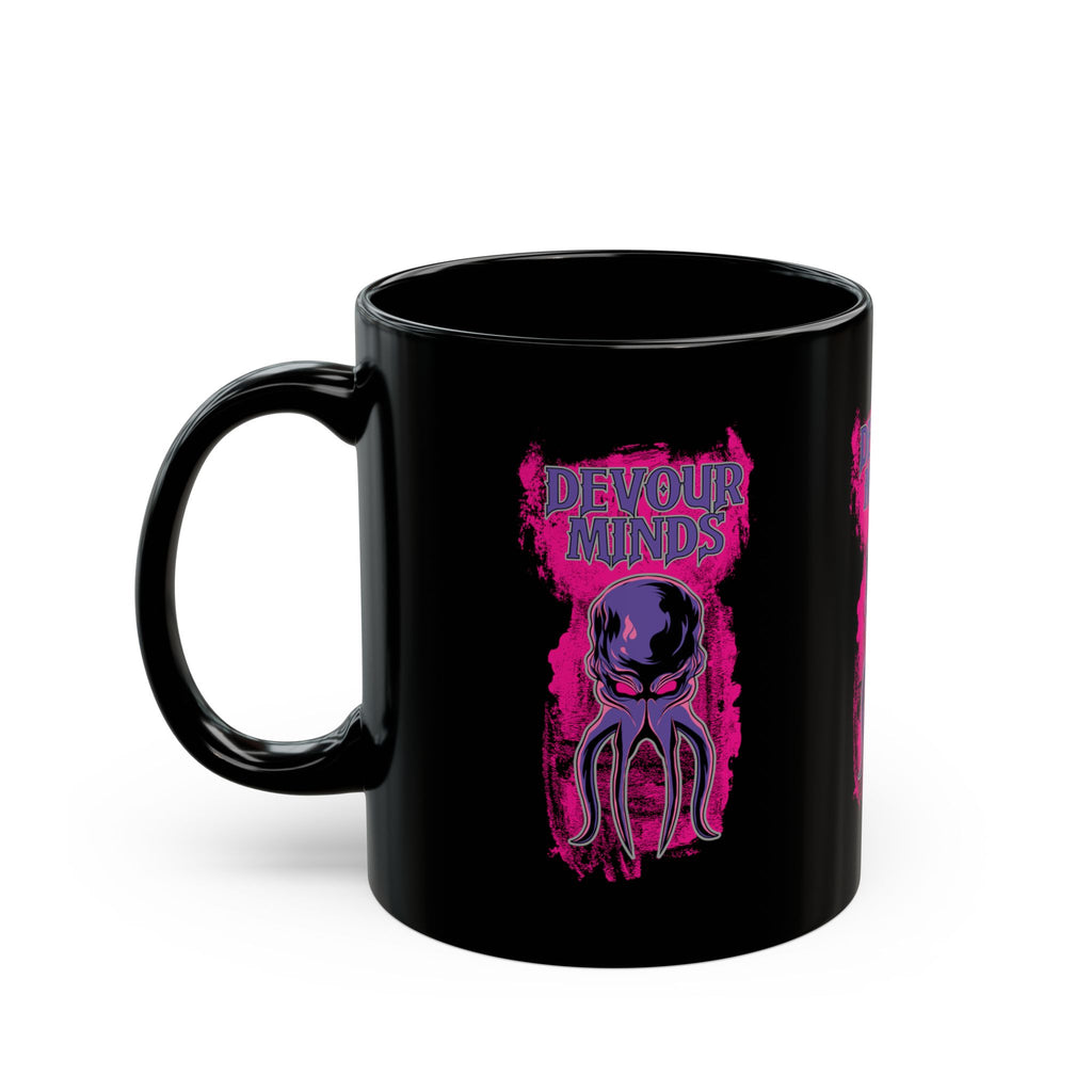 Devour Minds Black Mug — Neon Cthulhu Octopus Horror Coffee Cup (11oz/15oz)