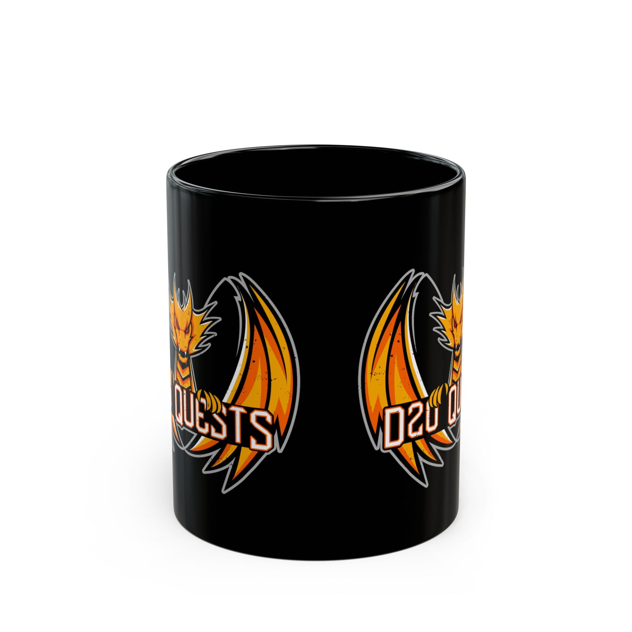 Dragon Logo Coffee Mug — 'D20 QUESTS' Black Ceramic Mug (11oz & 15oz)